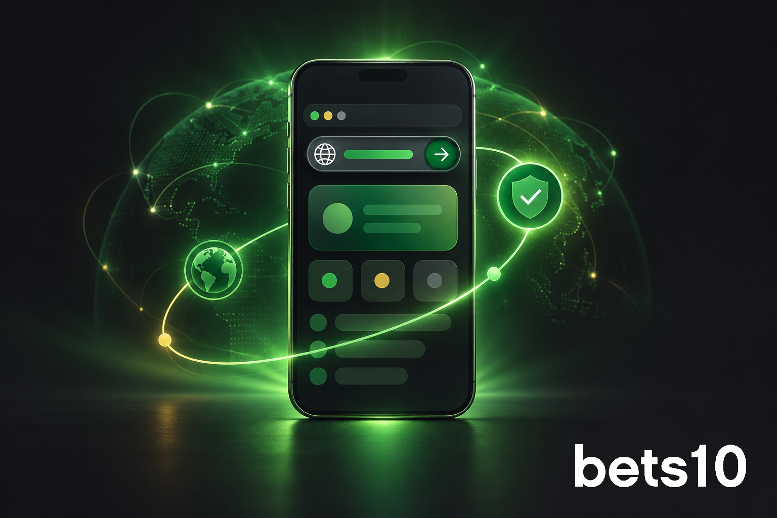 Koyu zeminde yeşil ışık yolu ve yön okuyla çevrelenen telefon, Bets10 yeni adres bilgisinin güvenli takibini simgeliyor.